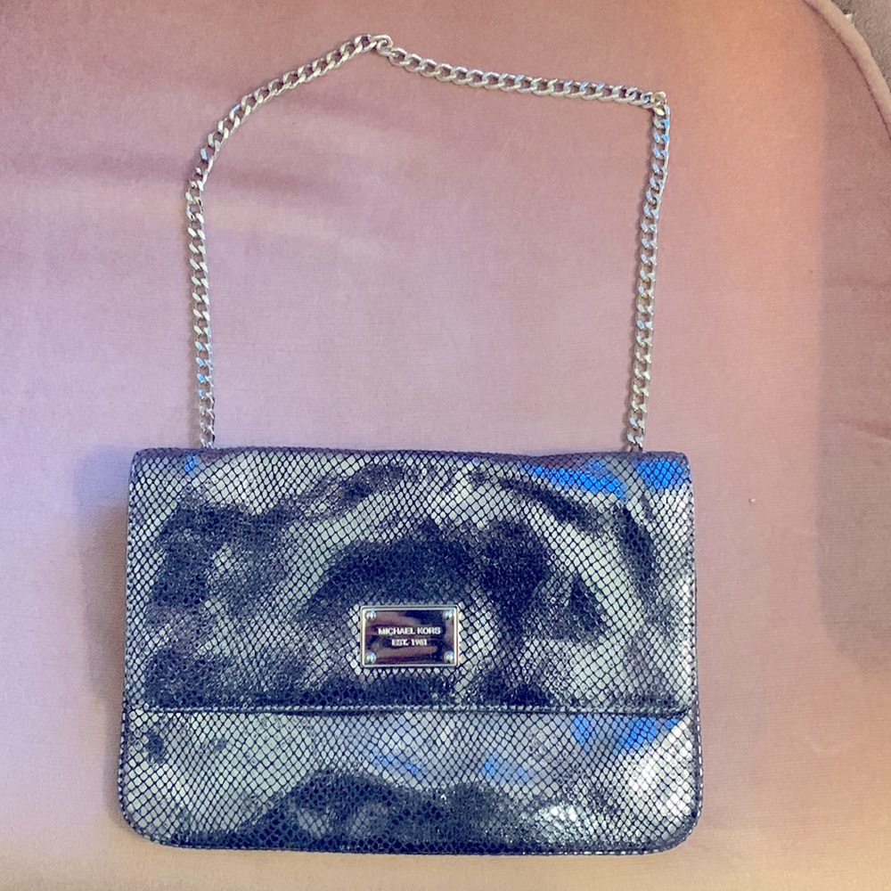 MICHAEL KORS SLOAN GUNMETAL PYTHON LEATHER CLUTCH SHOULDER BAG